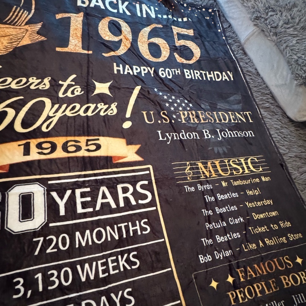 NEW! 60th Birthday Plush Commerative Blanket Fun Gift Black and Gold NWOT - Picture 9 of 12